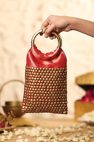 Crimson Red Brocade Embellished Handbag by 5 Elements