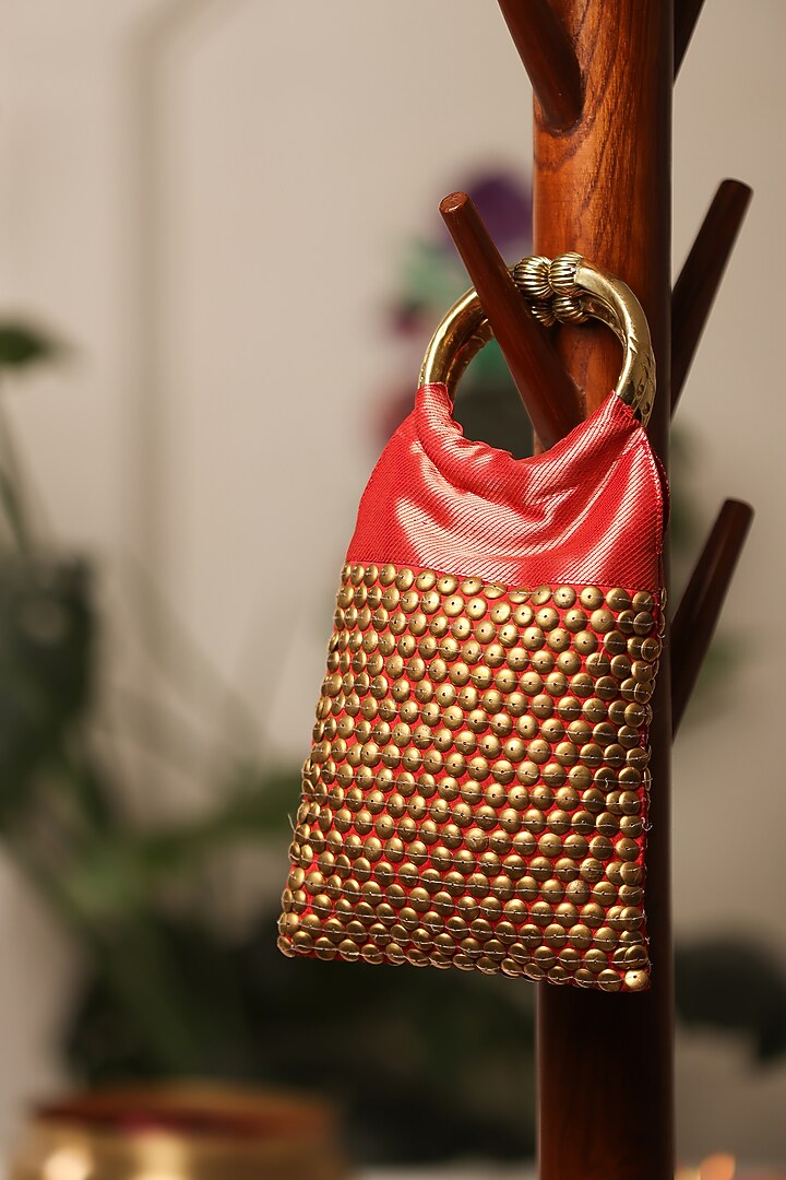 Crimson Red Brocade Embellished Handbag by 5 Elements at Pernia's Pop Up Shop