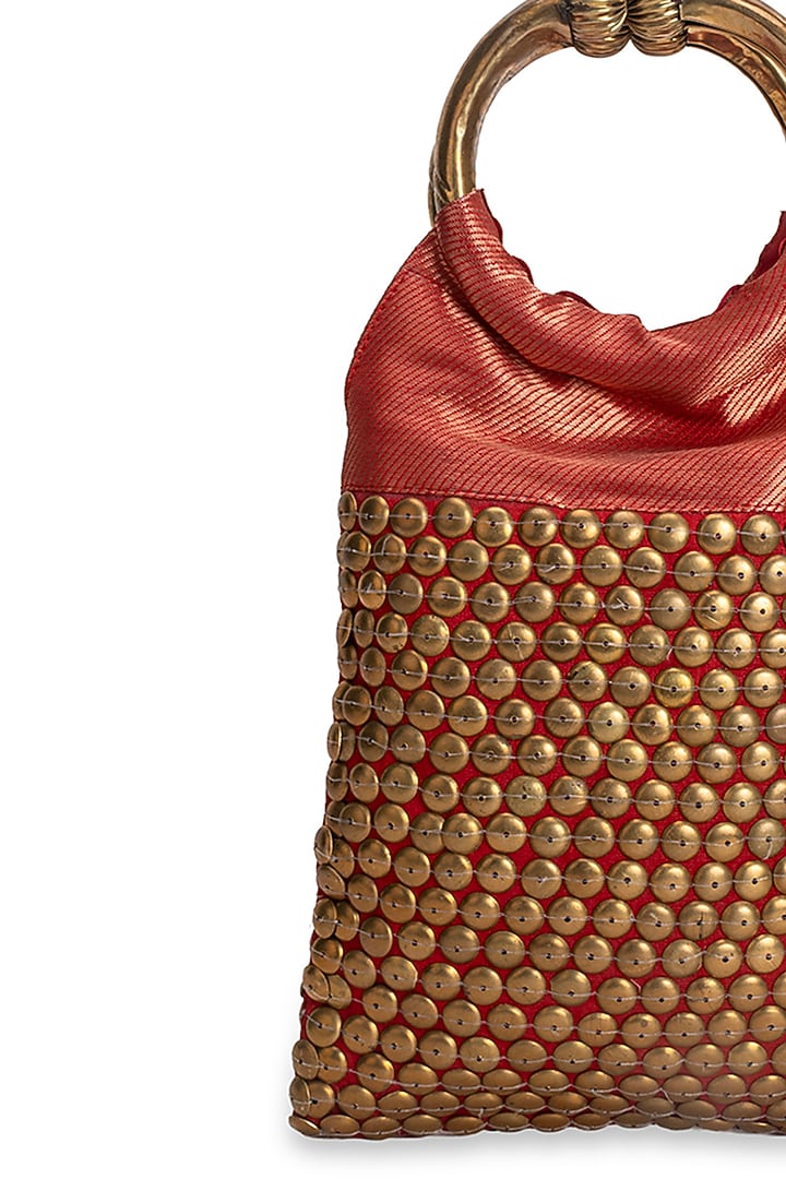 Crimson Red Brocade Embellished Handbag by 5 Elements at Pernia's Pop Up Shop