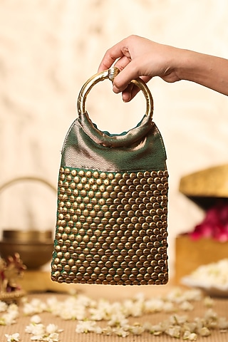 Green Brocade Embellished Handbag by 5 Elements