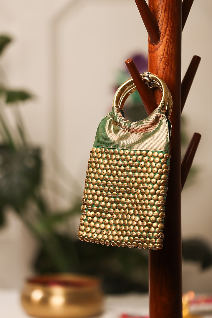 Green Brocade Embellished Handbag by 5 Elements at Pernia's Pop Up Shop