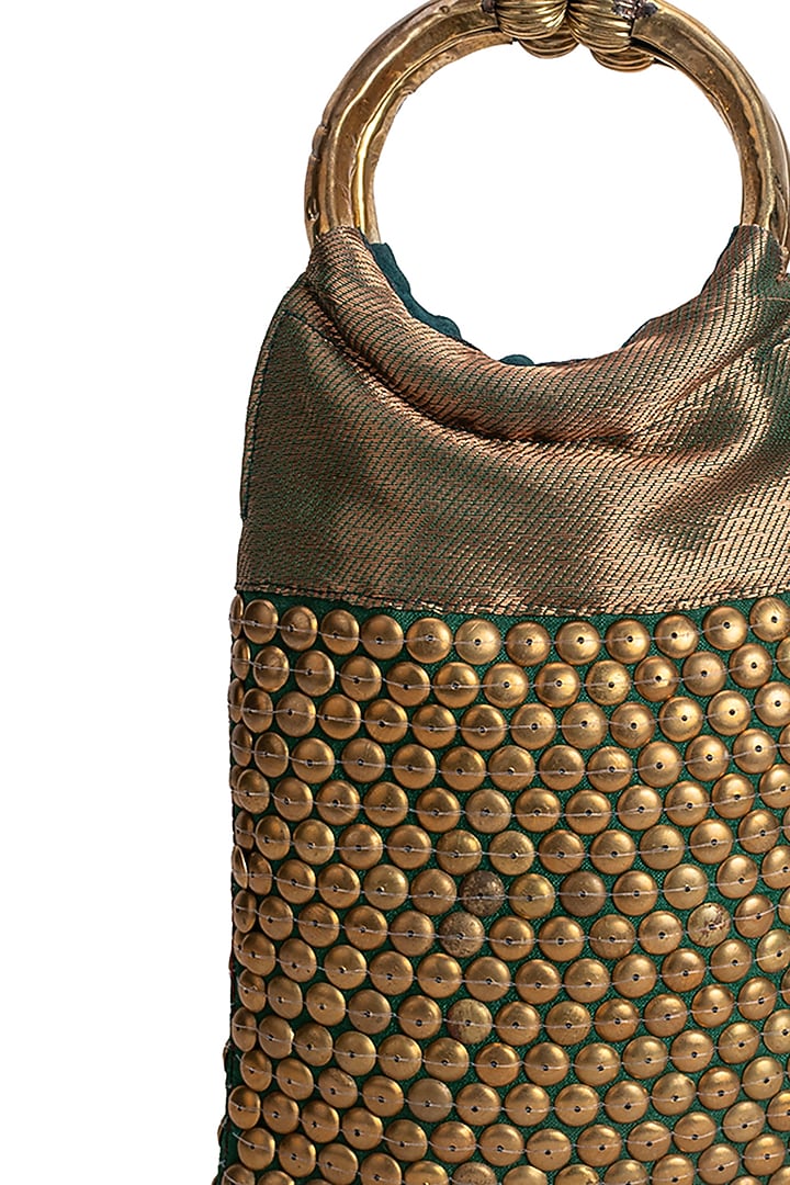 Green Brocade Embellished Handbag by 5 Elements at Pernia's Pop Up Shop