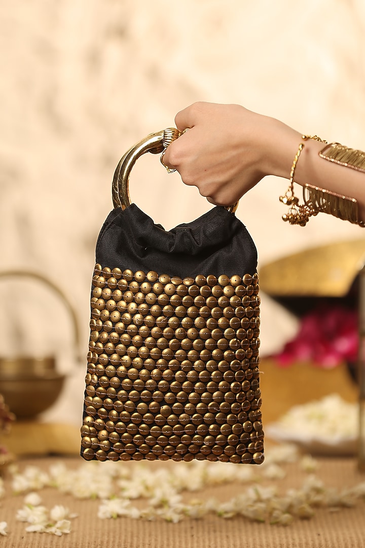 Black Brocade Embellished Handbag by 5 Elements at Pernia's Pop Up Shop