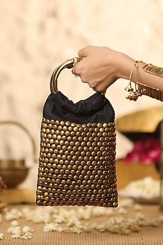 Black Brocade Embellished Handbag by 5 Elements