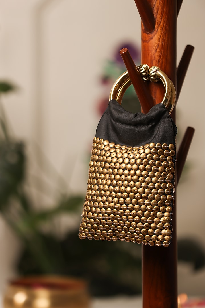 Black Brocade Embellished Handbag by 5 Elements at Pernia's Pop Up Shop