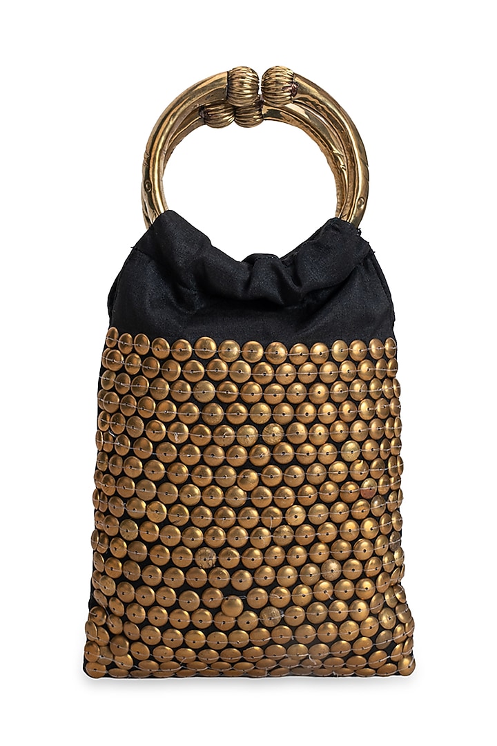 Black Brocade Embellished Handbag by 5 Elements at Pernia's Pop Up Shop