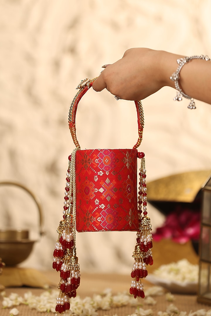Red Cotton & Brocade Potli by 5 Elements at Pernia's Pop Up Shop