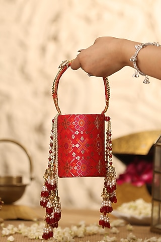 Red Cotton & Brocade Potli by 5 Elements
