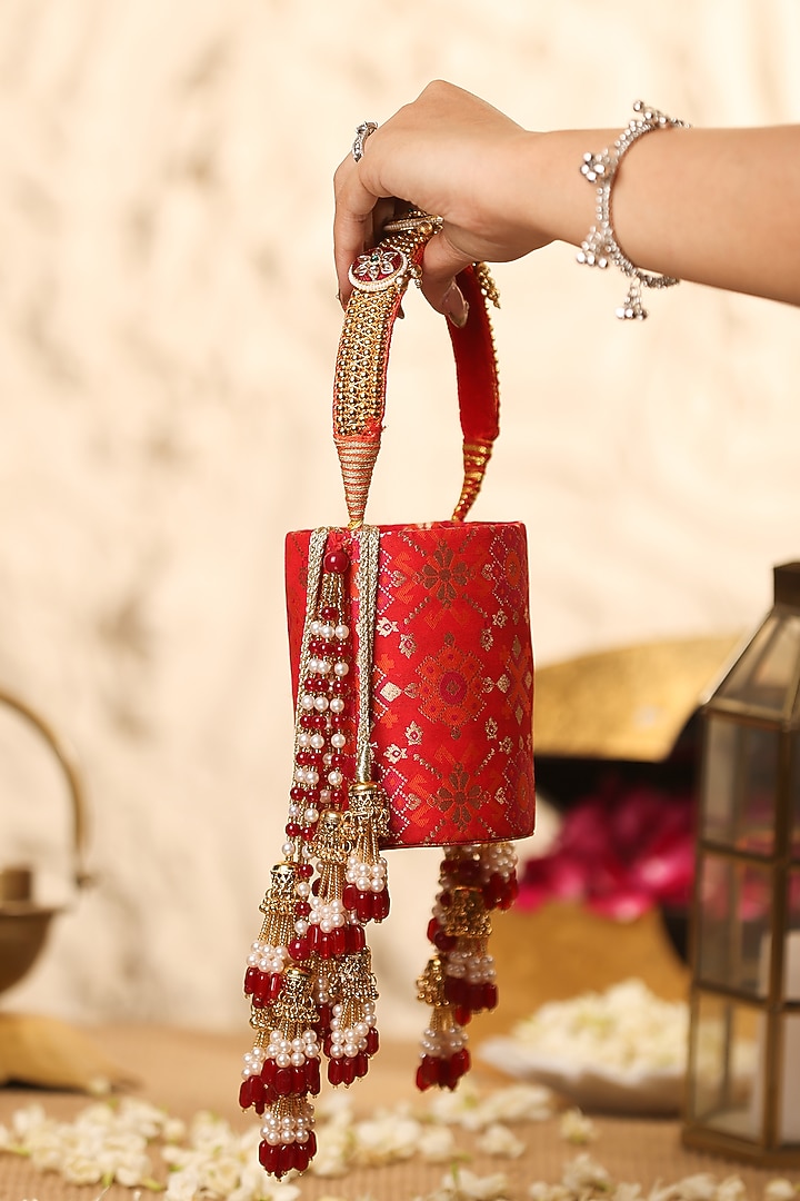 Red Cotton & Brocade Potli by 5 Elements at Pernia's Pop Up Shop