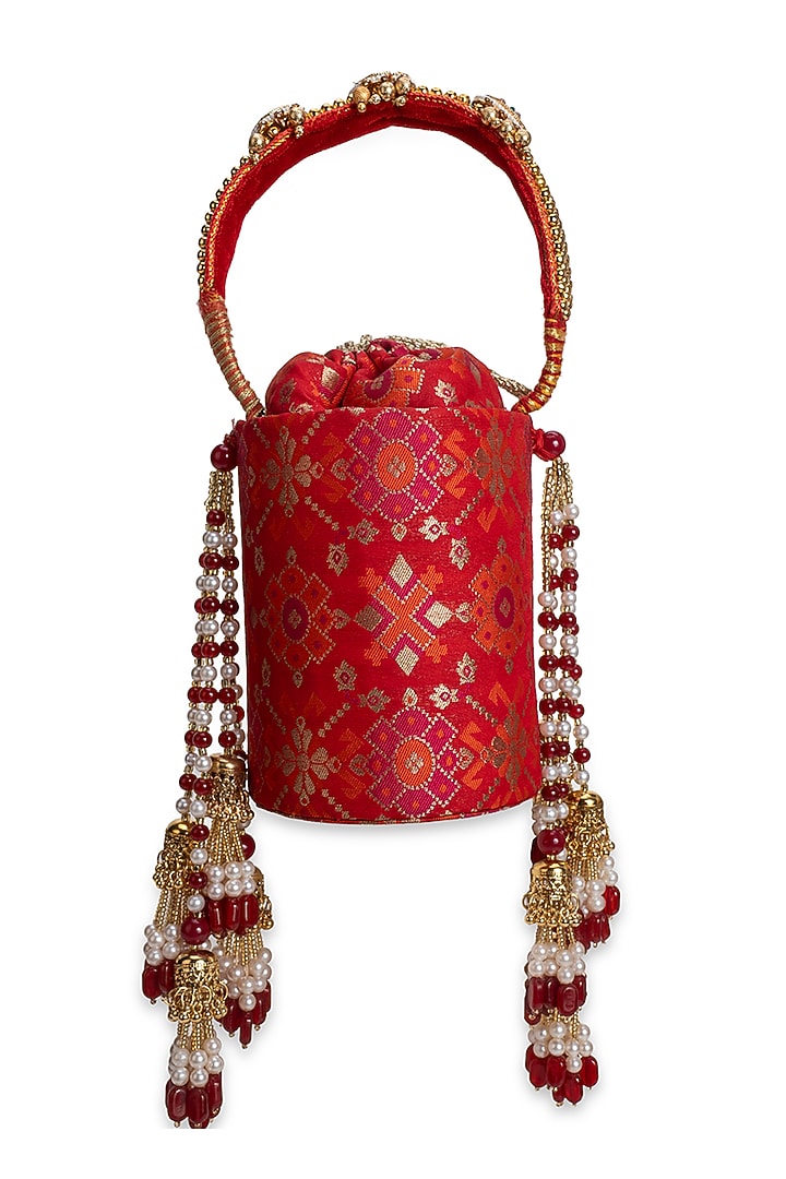 Red Cotton & Brocade Potli by 5 Elements at Pernia's Pop Up Shop