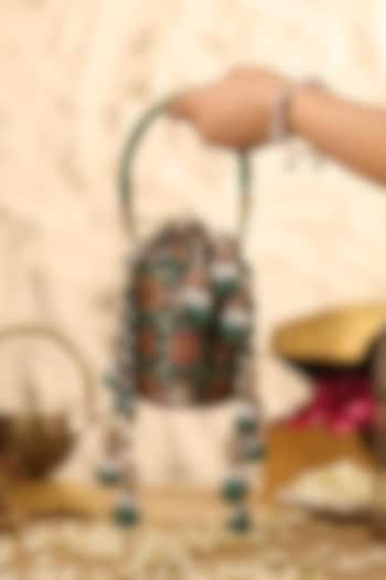 Green Cotton & Broocade Embellished Potli by 5 Elements at Pernia's Pop Up Shop