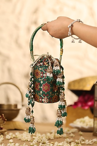 Green Cotton & Broocade Embellished Potli by 5 Elements