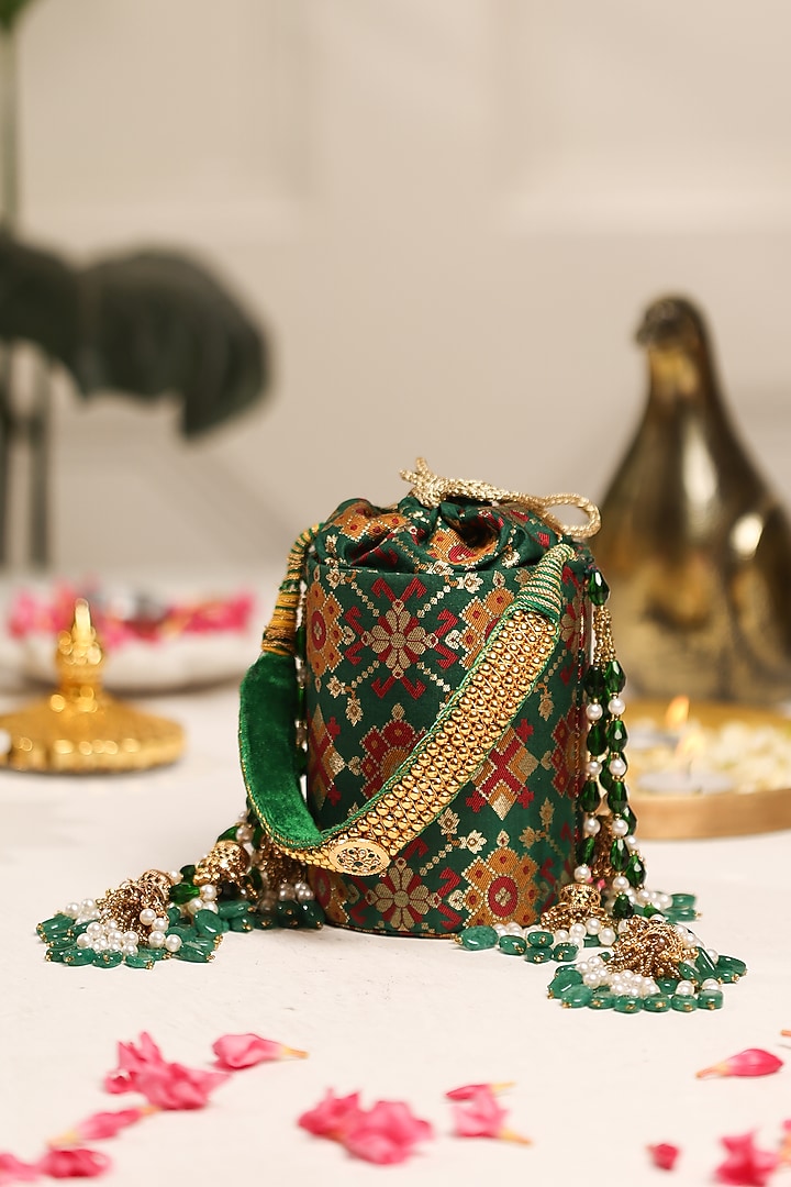 Green Cotton & Broocade Embellished Potli by 5 Elements at Pernia's Pop Up Shop