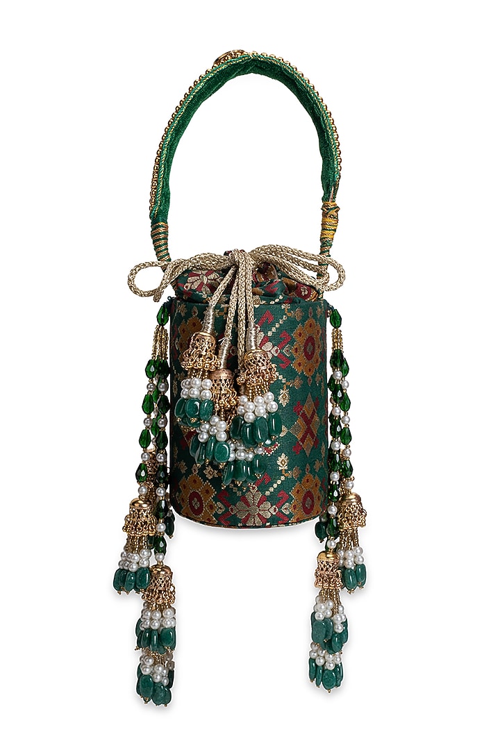 Green Cotton & Broocade Embellished Potli by 5 Elements at Pernia's Pop Up Shop