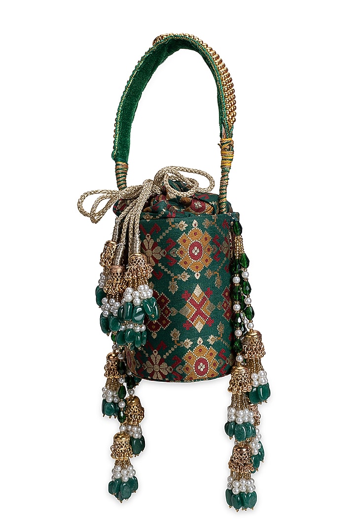 Green Cotton & Broocade Embellished Potli by 5 Elements at Pernia's Pop Up Shop