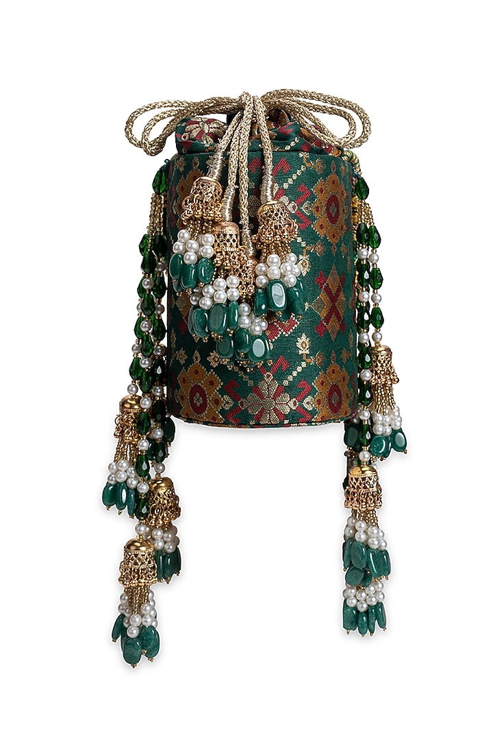 Green Cotton & Broocade Embellished Potli by 5 Elements at Pernia's Pop Up Shop