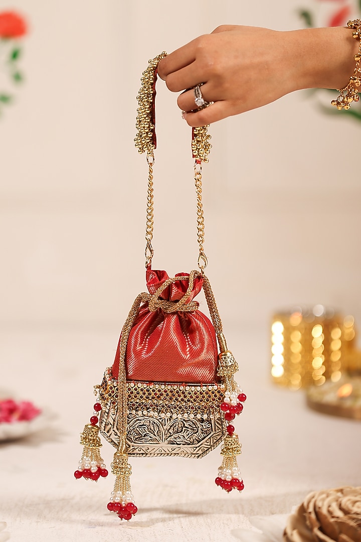 Crimson Red Silk & Brocade Potli by 5 Elements at Pernia's Pop Up Shop