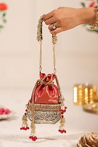 Crimson Red Silk & Brocade Potli by 5 Elements