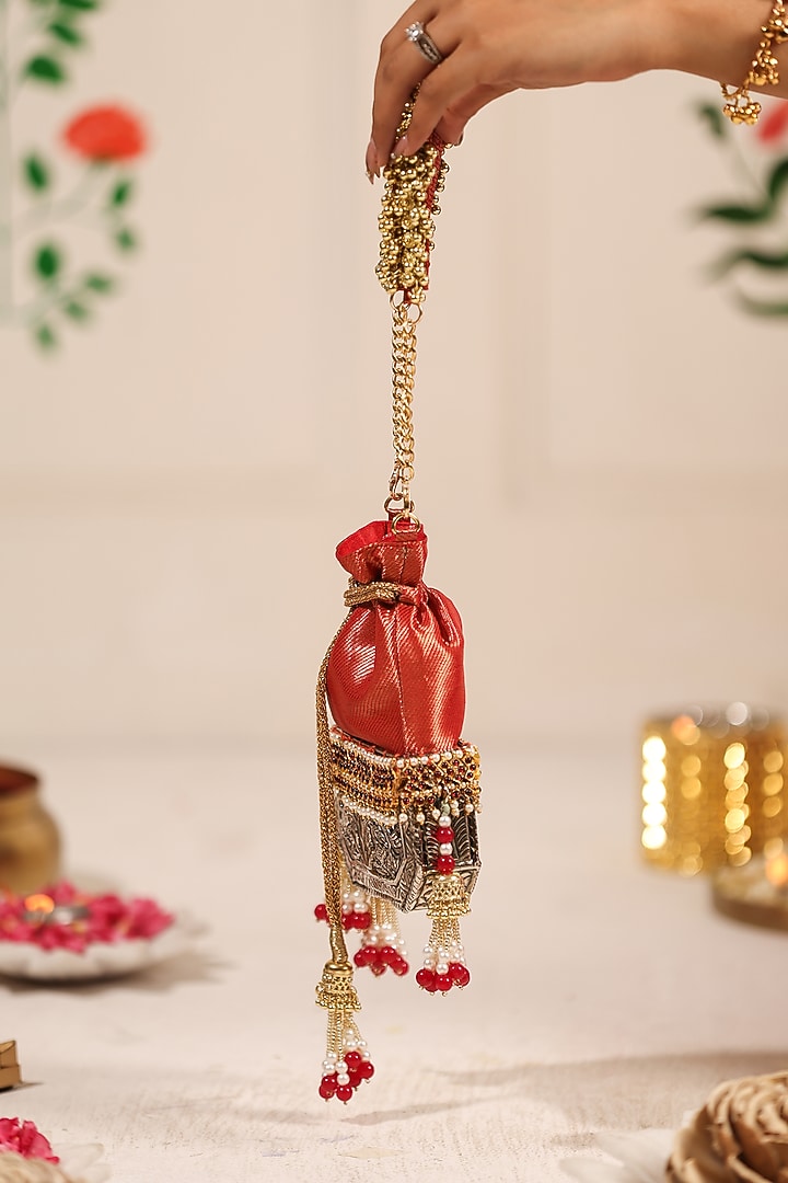 Crimson Red Silk & Brocade Potli by 5 Elements at Pernia's Pop Up Shop