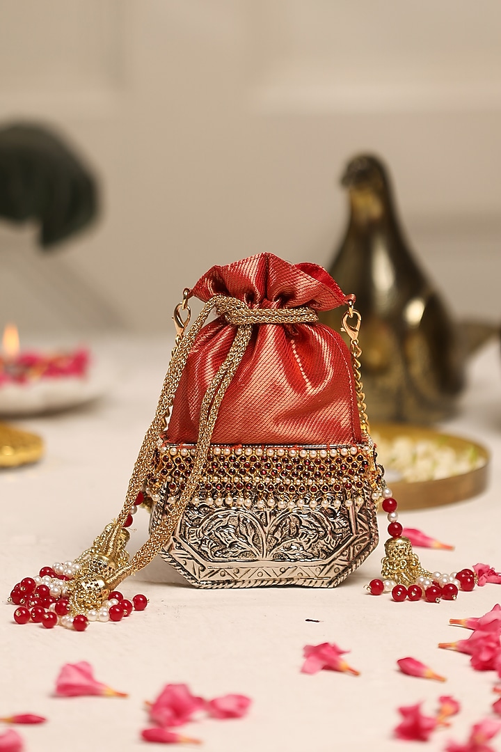 Crimson Red Silk & Brocade Potli by 5 Elements at Pernia's Pop Up Shop