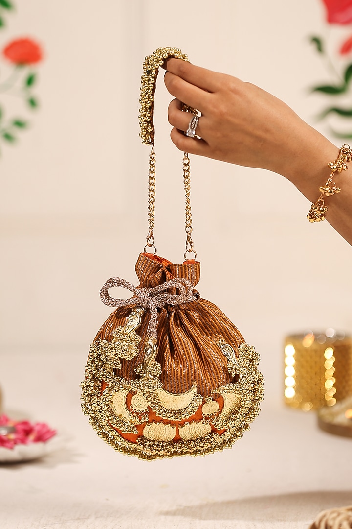 Mustard Cotton Embellished Potli by 5 Elements at Pernia's Pop Up Shop