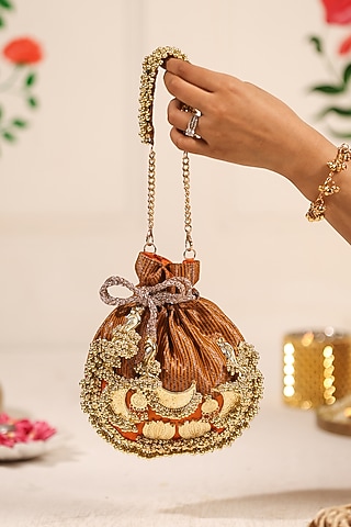Mustard Cotton Embellished Potli by 5 Elements