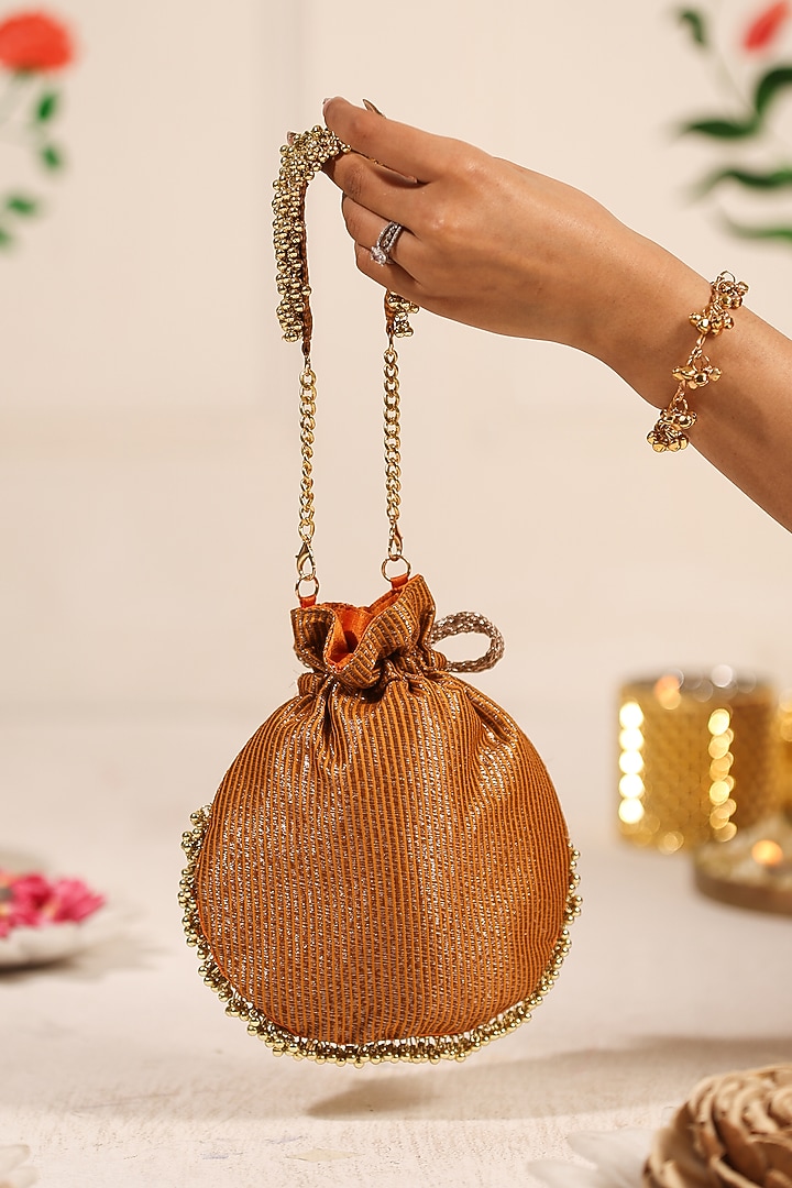 Mustard Cotton Embellished Potli by 5 Elements at Pernia's Pop Up Shop