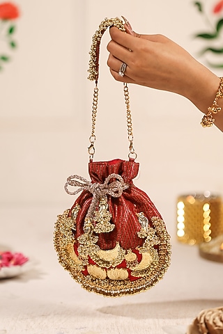 Wine Red Cotton Embellished Potli by 5 Elements