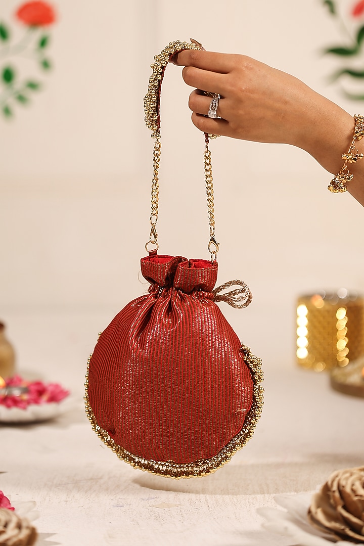 Wine Red Cotton Embellished Potli by 5 Elements at Pernia's Pop Up Shop