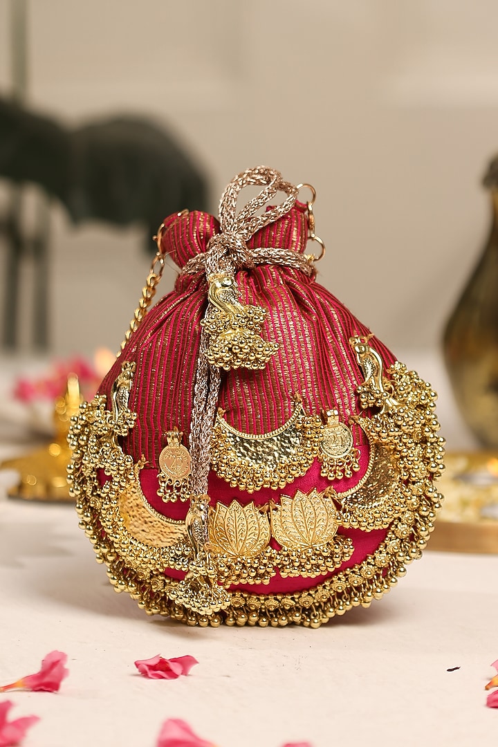 Wine Red Cotton Embellished Potli by 5 Elements at Pernia's Pop Up Shop