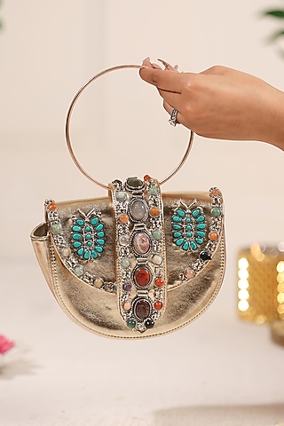 Gold PU Stone Embellished Clutch by 5 Elements