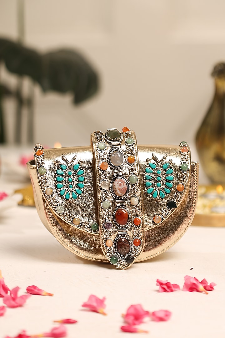 Gold PU Stone Embellished Clutch by 5 Elements at Pernia's Pop Up Shop