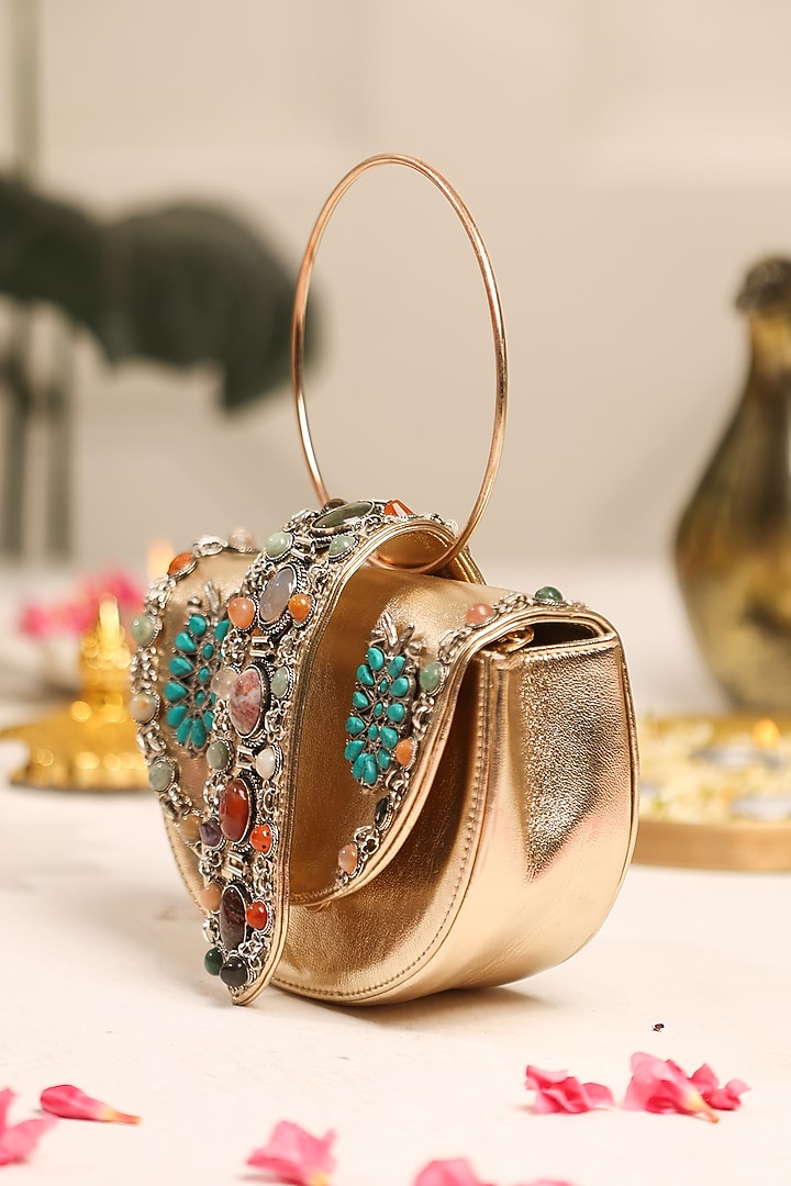 Gold PU Stone Embellished Clutch by 5 Elements at Pernia's Pop Up Shop