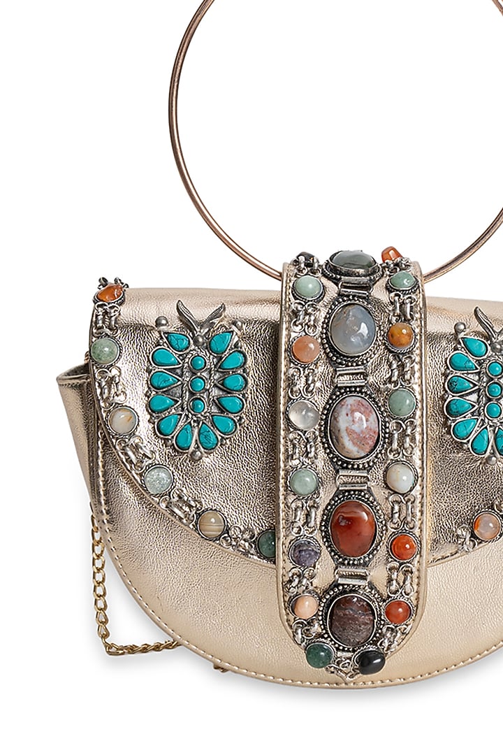 Gold PU Stone Embellished Clutch by 5 Elements at Pernia's Pop Up Shop