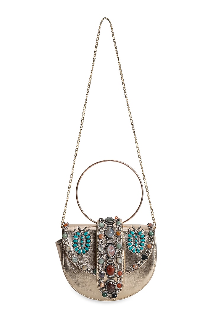 Gold PU Stone Embellished Clutch by 5 Elements at Pernia's Pop Up Shop