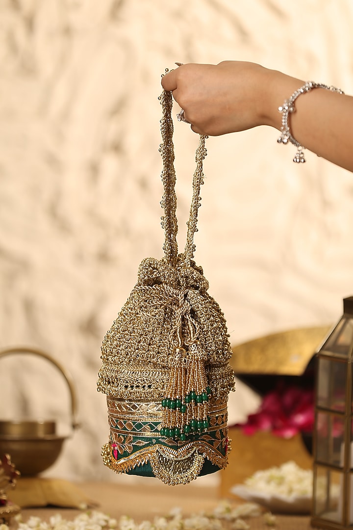 Green Zari Embroidered Potli by 5 Elements at Pernia's Pop Up Shop