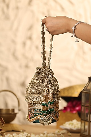 Green Zari Embroidered Potli by 5 Elements