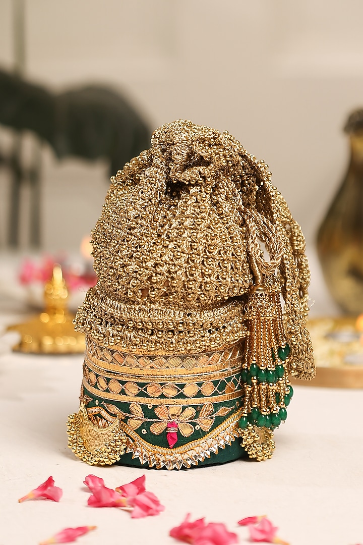 Green Zari Embroidered Potli by 5 Elements at Pernia's Pop Up Shop