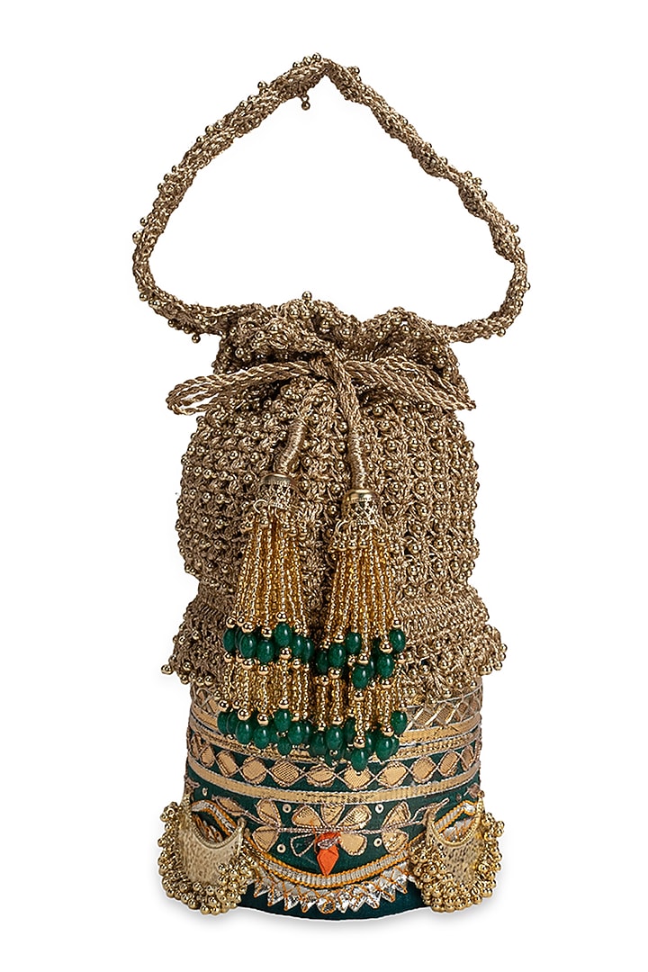 Green Zari Embroidered Potli by 5 Elements at Pernia's Pop Up Shop