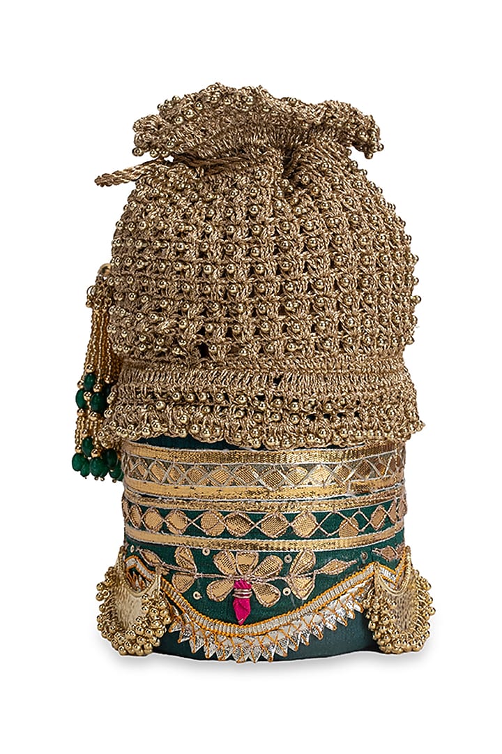 Green Zari Embroidered Potli by 5 Elements at Pernia's Pop Up Shop