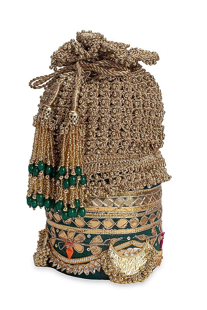 Green Zari Embroidered Potli by 5 Elements at Pernia's Pop Up Shop