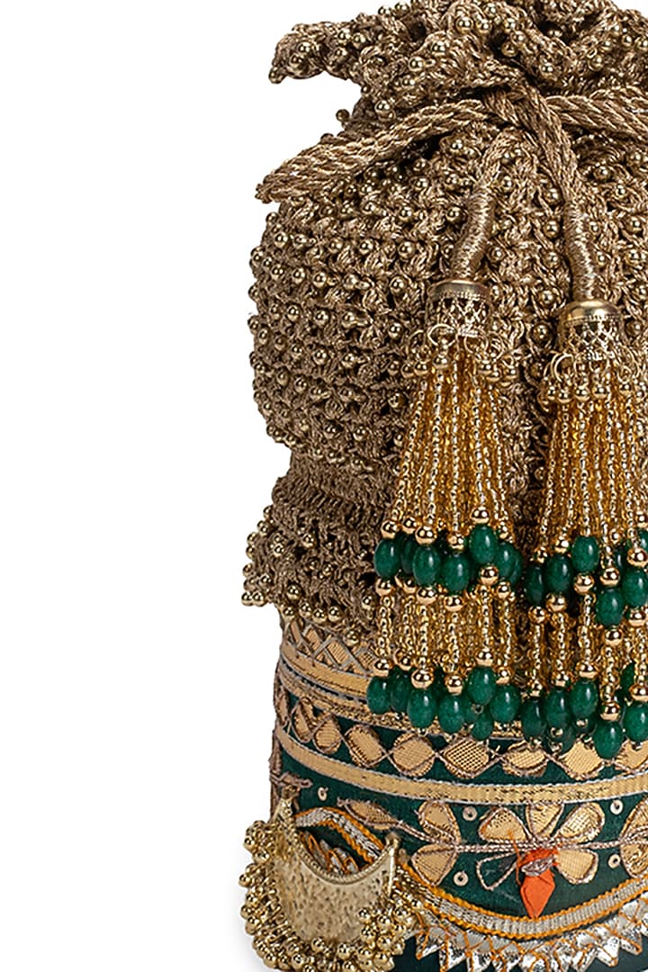 Green Zari Embroidered Potli by 5 Elements at Pernia's Pop Up Shop