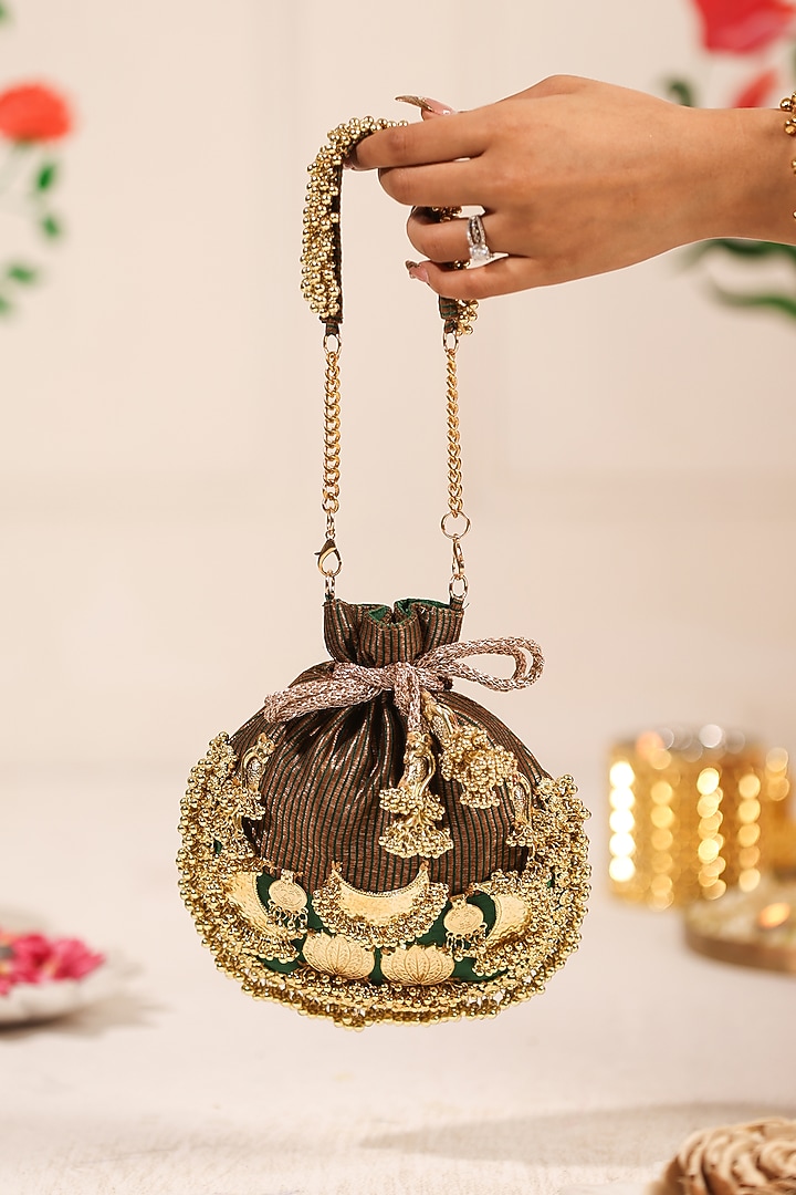 Green Cotton Embellished Potli by 5 Elements at Pernia's Pop Up Shop