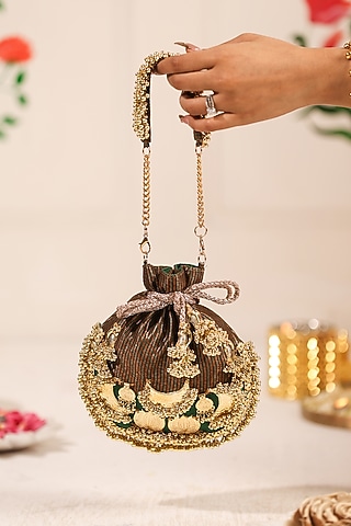 Green Cotton Embellished Potli by 5 Elements