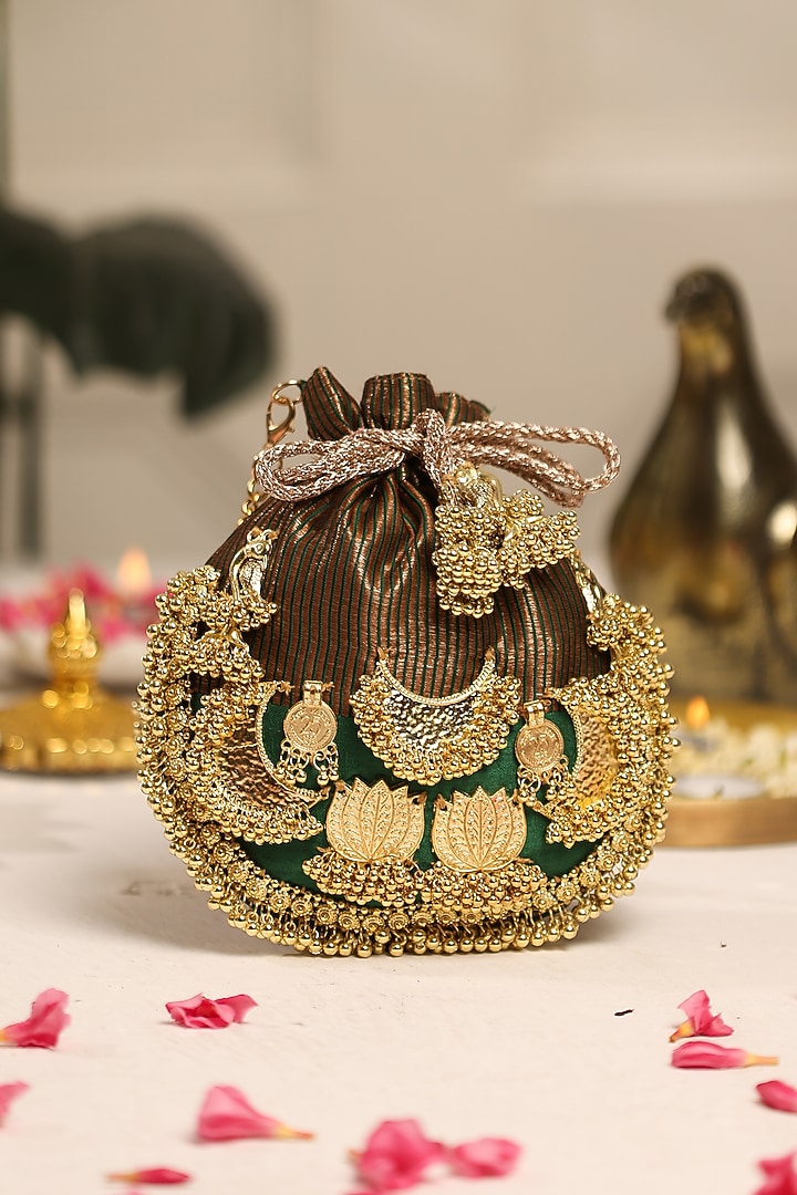 Green Cotton Embellished Potli by 5 Elements at Pernia's Pop Up Shop