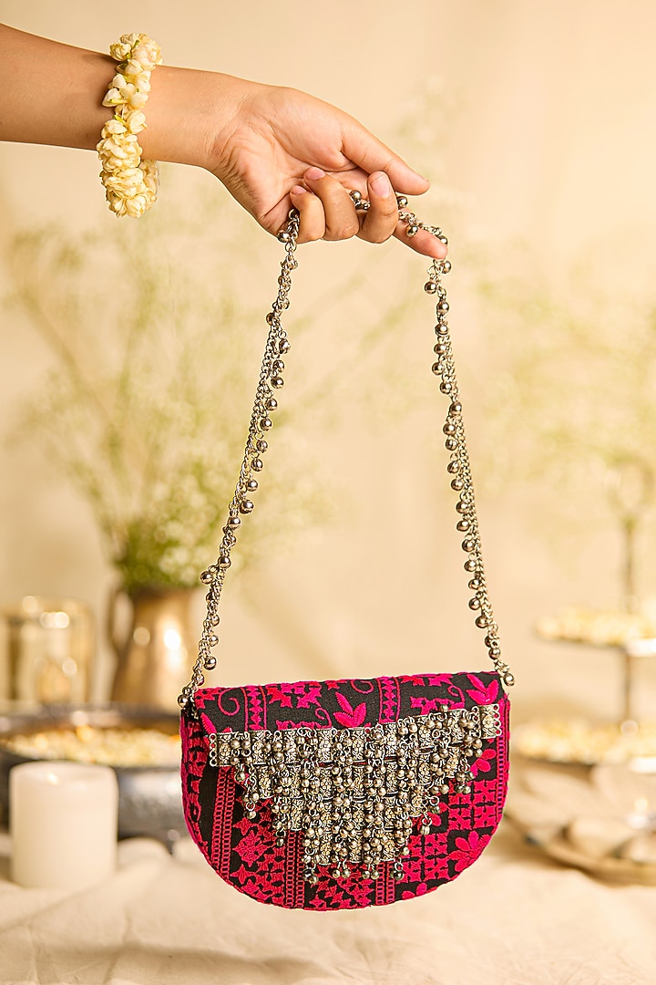 Magenta & Black Jacquard Kutchi Embroidered Sling Bag by 5 Elements at Pernia's Pop Up Shop