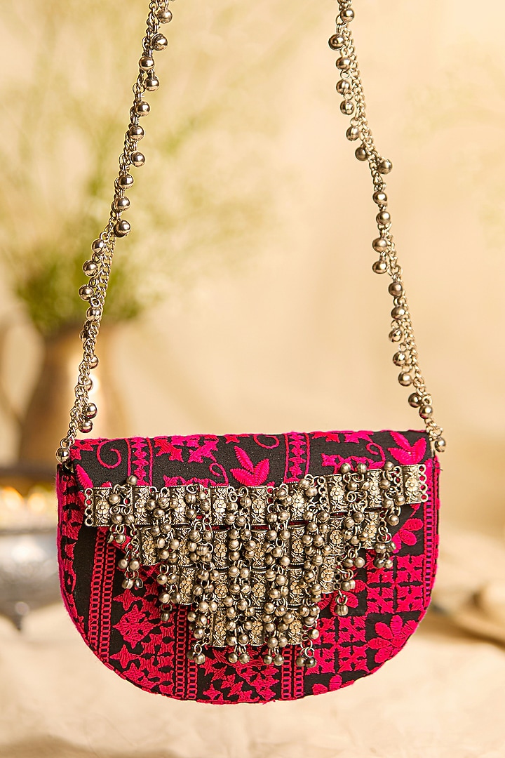 Magenta & Black Jacquard Kutchi Embroidered Sling Bag by 5 Elements at Pernia's Pop Up Shop