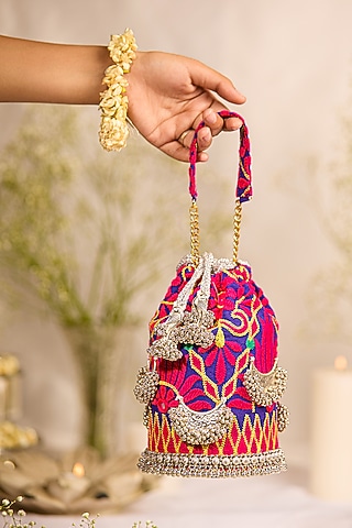 Purple Jacquard Zardosi Embroidered Potli Bag by 5 Elements