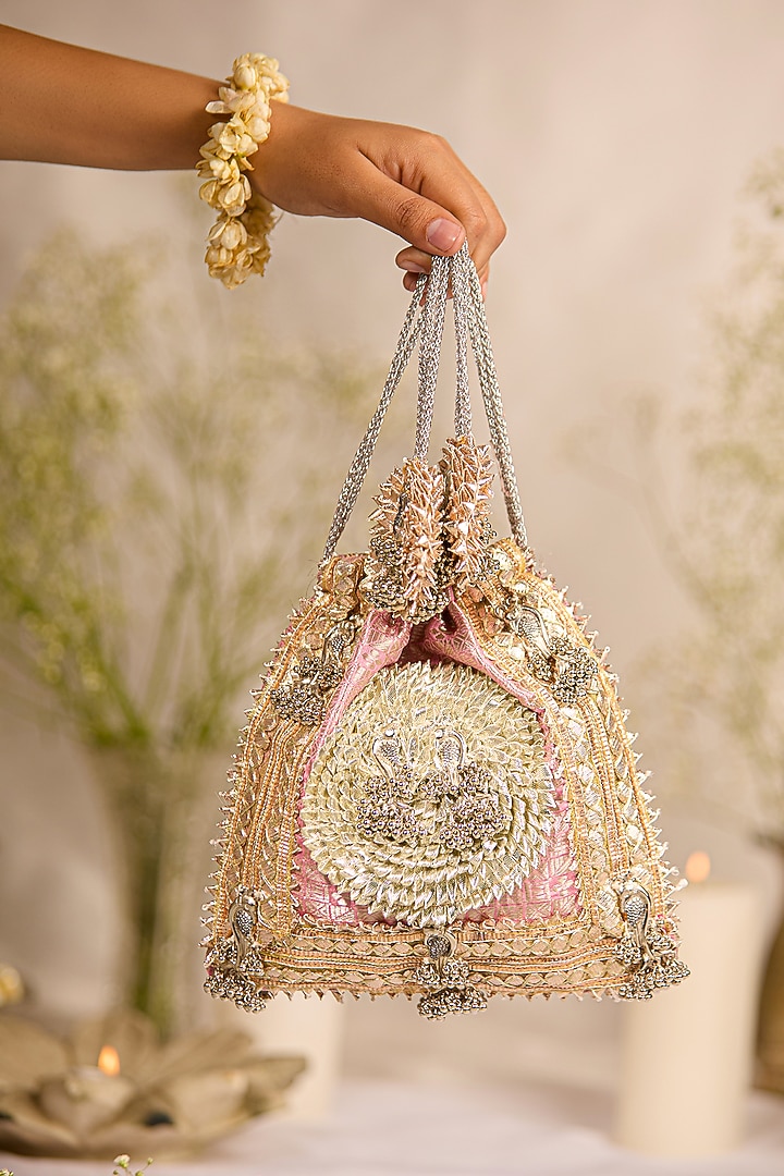 Pink Brocade Gota-Patti Embellished Potli Bag by 5 Elements at Pernia's Pop Up Shop