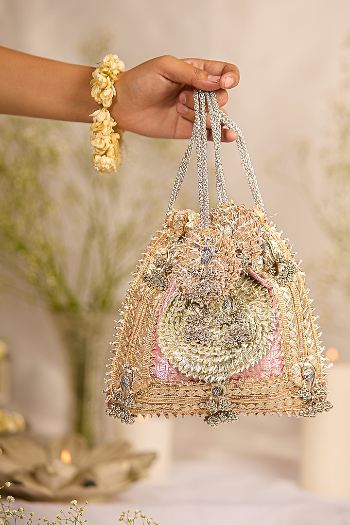 Pink Brocade Gota-Patti Embellished Potli Bag by 5 Elements at Pernia's Pop Up Shop